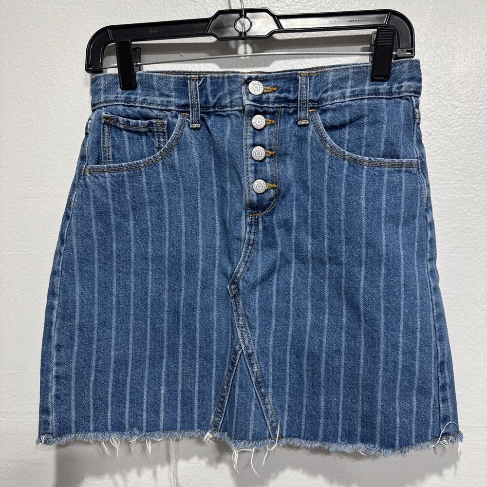 Old Navy Girls Denim Jean Skirt Blue Stripped Frayed Hem Size XL (14) Casual